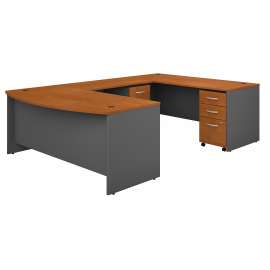Bush Series C 72W x 36D Bow Front U Shaped Desk with Mobile File Cabinets, Natural Cherry/Graphite Gray