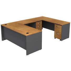 Bush Series C U Shaped Desk with 2 Mobile Pedestals, Natural Cherry/Graphite Gray