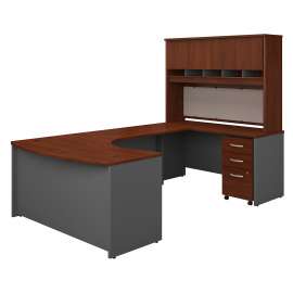 Bush Series C 60W Right Handed Bow Front U Shaped Desk with Hutch and Storage, Hansen Cherry/Graphite Gray