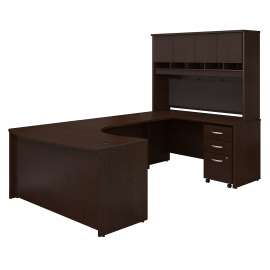 Bush Series C 60W Right Handed Bow Front U Shaped Desk with Hutch and Storage, Mocha Cherry/Mocha Cherry