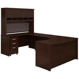 Bush Series C 60W Left Handed Bow Front U Shaped Desk with Hutch and Storage, Mocha Cherry/Mocha Cherry