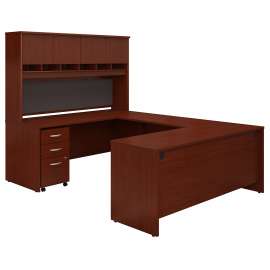 Bush Series C 72W U Shaped Desk with Hutch and Storage, Mahogany/Mahogany