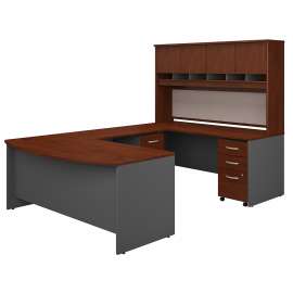 Bush 72W Bow Front U Shaped Desk with Hutch and Storage, Hansen Cherry/Graphite Gray