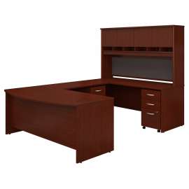Bush 72W Bow Front U Shaped Desk with Hutch and Storage, Mahogany/Mahogany