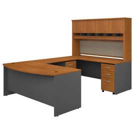 Bush 72W Bow Front U Shaped Desk with Hutch and Storage, Natural Cherry/Graphite Gray