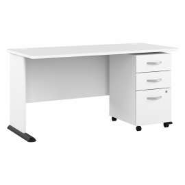 Bush Studio A 60W Computer Desk with 3 Drawer Mobile File Cabinet, White/White