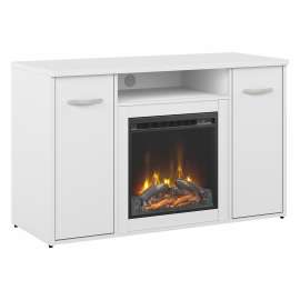 Bush Business Furniture Studio C 48W Office Storage Cabinet with Doors and Electric Fireplace, White/White