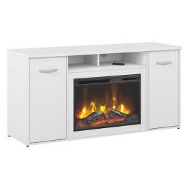 Bush Business Furniture Studio C 60W Office Storage Cabinet with Doors and Electric Fireplace, White/White