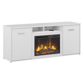 Bush Business Furniture Studio C 72W Office Storage Cabinet with Doors and Electric Fireplace, White/White