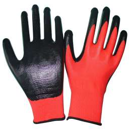Red Nylon Work Gloves with Black Coated Palm, 12 Pairs