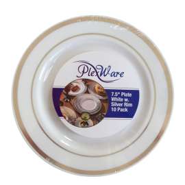 7.5" Round White Plates with Silver Rim, 10/Pack, 12/Case