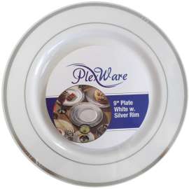9" Round White Plates with Silver Rim, 10/Pack, 12/Case