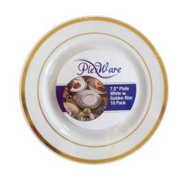 7.5" Round White Plates with Golden Rim, 10/Pack, 12/Case
