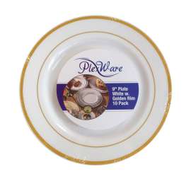 9" Round White Plates with Golden Rim, 10/Pack, 12/Case