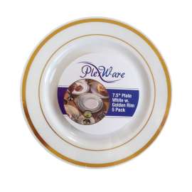 7.5" Round White Plates with Golden Rim, 5/Pack, 24/Case
