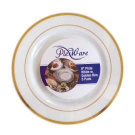 9" Round White Plates with Golden Rim, 5/Pack, 24/Case