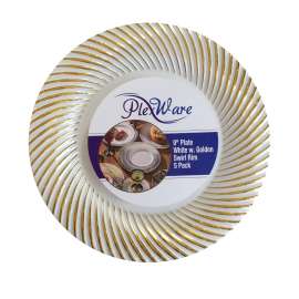 9" Round White Plates with Golden Swirl Rim, 5/Pack, 24/Case