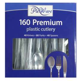 160-piece Premium Plastic Silver Cutlery Set, 40 Knives, 80 Forks, 40 Spoons, 12/Case