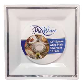 6.5" Square White Plate with Silver Rim, 10/Pack, 12/Case