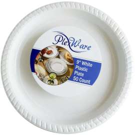 9" Round White Plastic Plates, 50/Pack, 10/Case