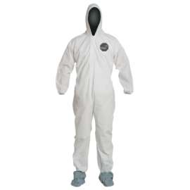 Proshield® 10 Coverall, Attached Hood and Boots, Elastic Wrist and Ankles, Zipper Front, Storm Flap, White, Medium