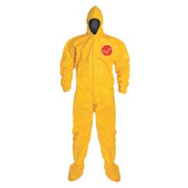 Tychem® 2000 Coverall, Bound Seam, Attached Hood and Sock, Elastic Wrist, Front Zipper, Storm Flap, Yellow, 4X-Large
