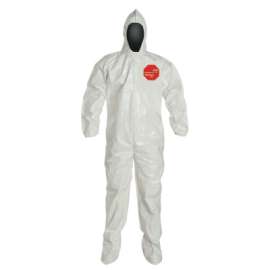 Tychem® 4000 Coverall,Taped Seam, Attached Hood and Sock, Elastic Wrist, Boot Flap, Zipper Front, Storm Flap, White, 5X-Large