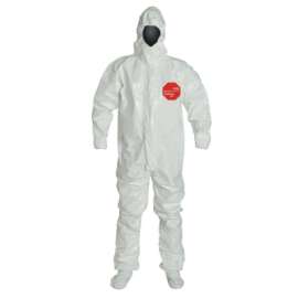 Tychem® 4000 Coverall,Taped Seam, Attached Hood and Sock, Elastic Wrist, Boot Flap, Zipper Front, Storm Flap, White, X-Large