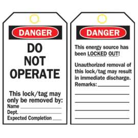 Lockout Tag, 3 in W x 5-3/4 in H, Polyester, Danger, Do Not Operate, Includes Reverse Side, Black/Red on White