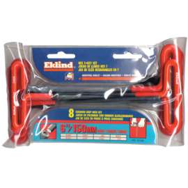 Cushion Grip Hex T-Key Sets, 6 per pouch, Hex Tip, Metric, 9 in Handle