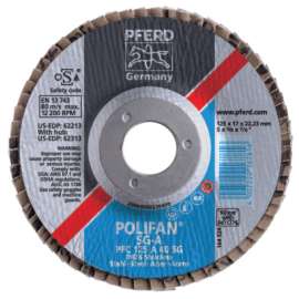 POLIFAN® Type 29 SG Flap Disc, 4-1/2 in dia, 40 Grit, 7/8 in Arbor dia, 13300 RPM, Aluminum Oxide A