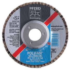 POLIFAN® Type 29 SG Flap Disc, 5 in dia, 40 Grit, 7/8 in Arbor dia, 12200 RPM, Zirconia Alumina Z