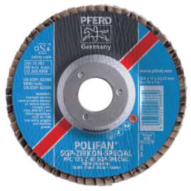 Type 29 POLIFAN® SGP Flap Disc, 7 in dia, 40 Grit, 7/8 in dia Arbor, 8,600 RPM, Ceramic Oxide