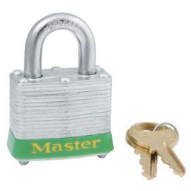 No. 3 Laminated Steel Padlock, 9/32 in dia, 5/8 in W x 3/4 in H Shackle, Silver/Green, Keyed Different, Varies