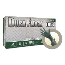 Dura Flock® DFK-608 Disposable Nitrile Gloves, 8.3 in Palm, 7.9 Fingers, Flocked Liner, Large, Dark Green