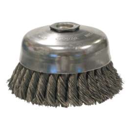 Single Row Heavy-Duty Knot Wire Cup Brush, 5 in Dia., 5/8-11 UNC, .014 Steel