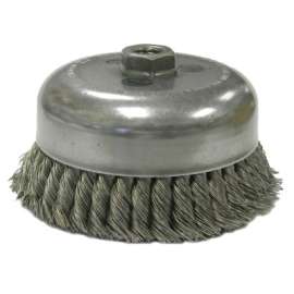 Double Row Heavy-Duty Knot Wire Cup Brush, 6 in Dia., 5/8-11 UNC Arbor, .023 in Stainless