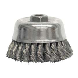 Double Row Heavy-Duty Knot Wire Cup Brush, 4 in Dia., 5/8-11 UNC Arbor, .02 Stainless Steel