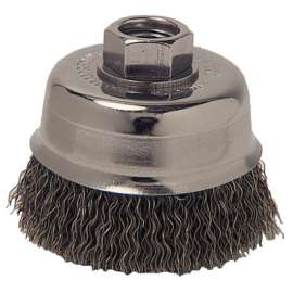 Crimped Wire Cup Brush, 3 in Dia., 5/8-11 Arbor, 0.012 in Stainless Steel, Retail Pk