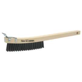 Curved Handle Scratch Brushes, 14", 4X18 Rows, Steel Wire, Wood Handle, Scraper