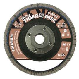 Tiger® Disc Flat Style Flap Discs, 4 1/2 in, 40 Grit, 5/8 Arbor, Phenolic Back
