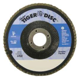 Tiger® Disc Flat Style Flap Discs, 5 in,60 Grit,7/8 Arbor,Phenolic Back,Zirconium