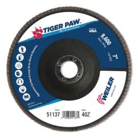 Tiger Paw Coated Abrasive Flap Discs, 7", 40 Grit, 7/8 Arbor, Phenolic Back