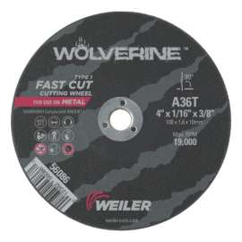 Wolverine® AO Flat Type 1 Cutting Wheel, 4 in Dia, 1/16 Thick, 3/8 Arbor, 36 Grit