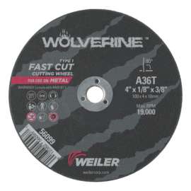 Wolverine® AO Flat Type 1 Cutting Wheel, 4 in Dia, 1/8 Thick, 3/8 Arbor, 36 Grit