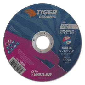 Tiger Ceramic Cutting Wheel, Type 1, 5 in Diameter., 0.045 in Thick, 7/8 in Arbor