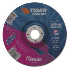 Tiger Ceramic Grinding Wheels, 6 in Dia., 1/4 in Thick, 7/8 in Arbor, 24 Grit