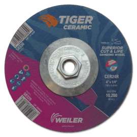 Tiger Ceramic Grinding Wheels, 6 in Dia., 1/4 in Thick, 24 Grit, Ceramic Alumina