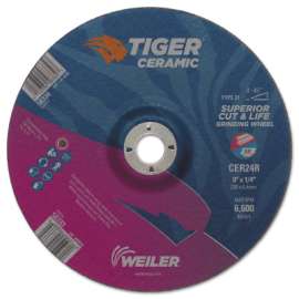 Tiger Ceramic Grinding Wheels, 9 in Dia., 1/4 in Thick, 7/8 in Arbor, 24 Grit