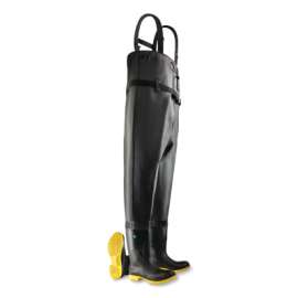 Chest Waders, Steel Toe and Midsole, Men's 8, 16 in Boot, 53 in Overall L, PVC/Ultragrip®/Nylon, Black/Yellow